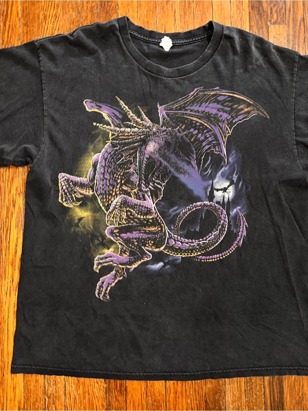 Vintage Y2K XL Dragon Fire Breath Lightning Bolt Black T-Shirt
